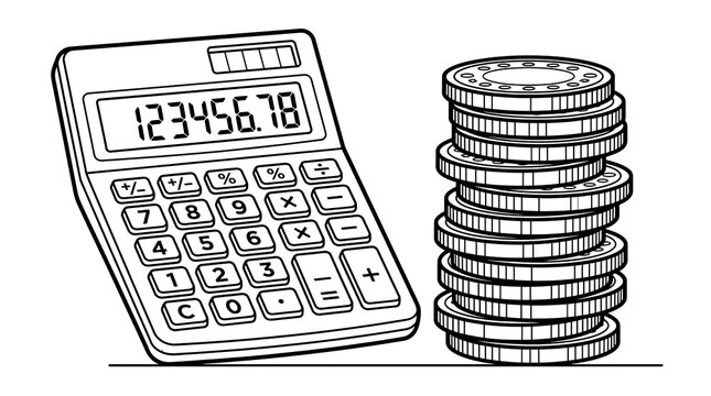 Minimalist calculator vector art illustration, stack of coins line art drawing, financial calculation balance concept on white background