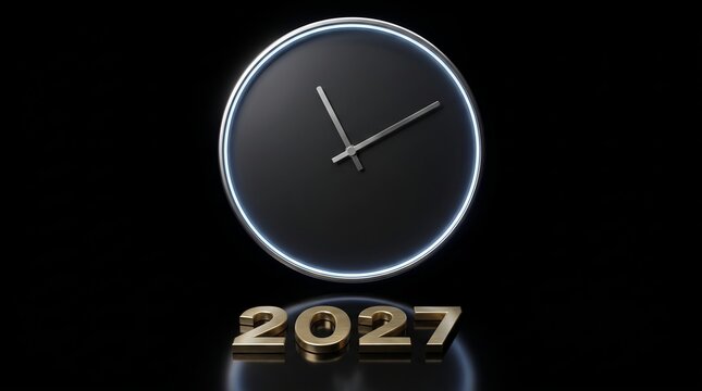 Minimalist modern black clock featuring glowing blue neon rings and shiny metallic numbers representing year twenty twenty seven