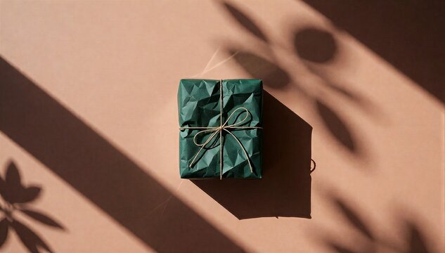 Green wrapped gift box on tan background