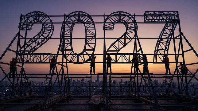 Silhouette workers assembling large metal numbers spelling year twenty twenty seven against glowing sunset sky