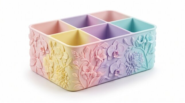 Pastel desktop organizer container, floral carved pastel desk caddy organizer, colorful plastic storage box with six compartments isolated PNG with Transparent Background
