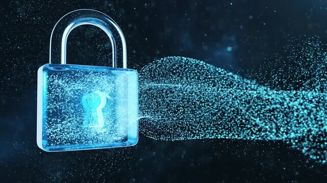 Glowing blue digital padlock with keyhole and flowing particle stream on dark background, cybersecurity data protection concept