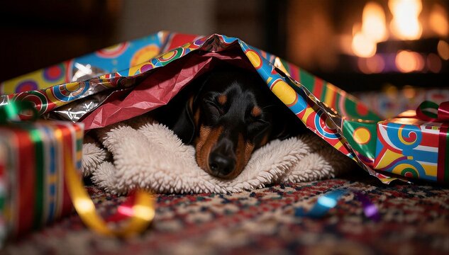 Small dog sleeping inside colorful gift wrap