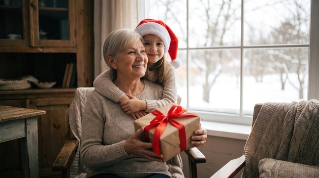 A loving grandmother and her cherished grandchild enjoy a heartwarming hug and a festive christmas present near a comfortable window during the