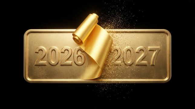 Glossy golden metal plate displaying years twenty twenty six and twenty twenty seven with ribbon curl
