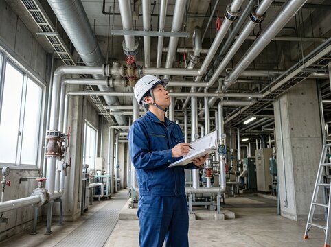工場設備の配管を点検し書類をチェックする真剣な日本人男性作業員
