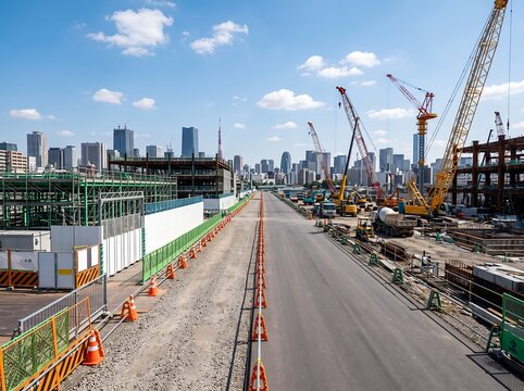 都市開発が進む工事現場でクレーンが動く日中の風景