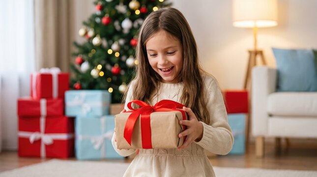Joyful young girl holding a beautifully wrapped gift in a cozy living room with a decorated christmas tree