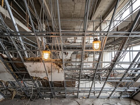 建設工事中の天井裏むき出しの電気配線と骨組み構造が複雑に絡み合う