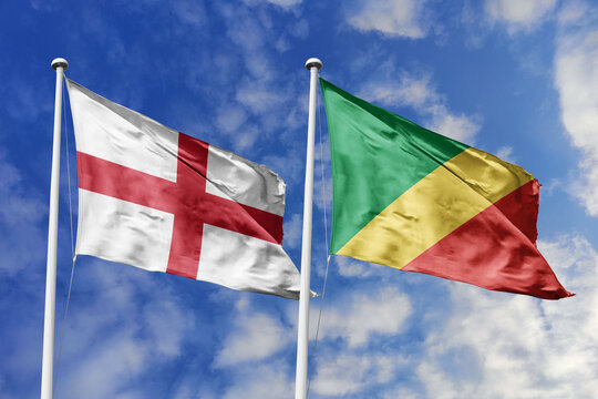 England and Republic of the Congo flags waving in a clear blue sky, and a shared vision of unity for a sustainable future.