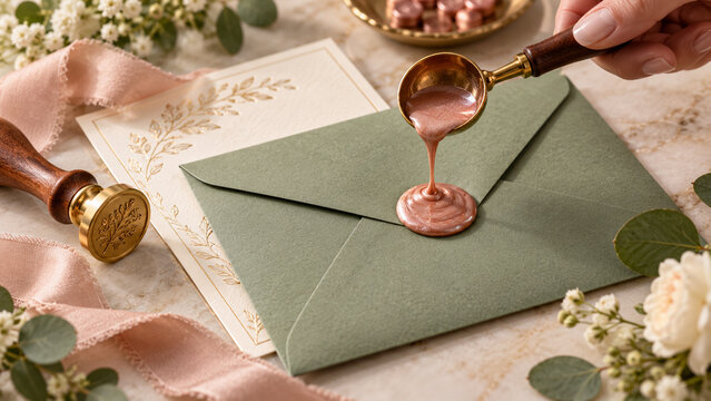 Person pouring pink wax on green envelope for wedding invitation card seal decoration.