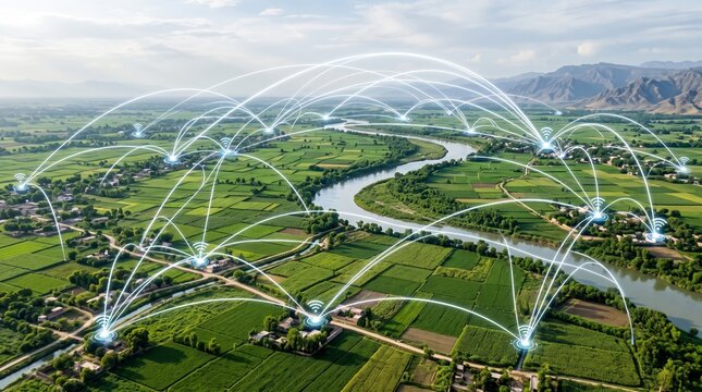 Wireless Network Signal Arches Connecting Rural Countryside Along River