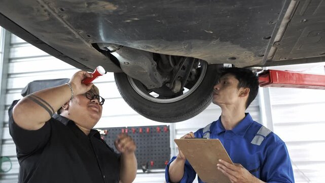 Mechanic and supervisor inspecting underside of car lifted in garage
