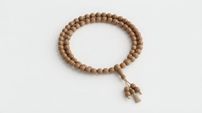 Wooden prayer beads misbaha coiled on white background