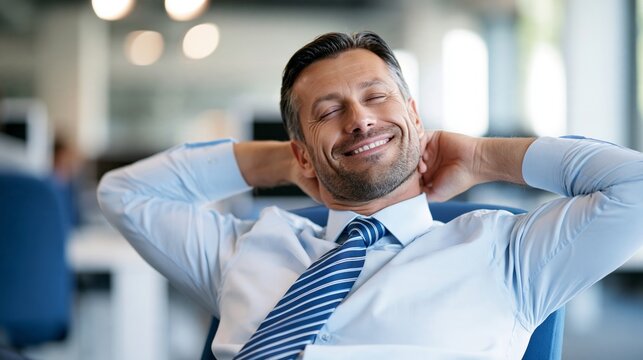 Confident man relaxes in office chair