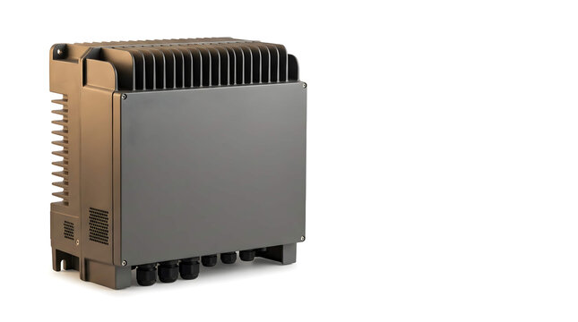 Compact modern power converter unit with sleek metallic finish in pristine setting, concept for eco-lodge infrastructure and sustainable energy solutions