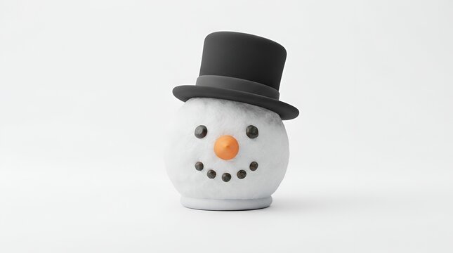Cute little snowman head wearing black top hat and carrot nose
