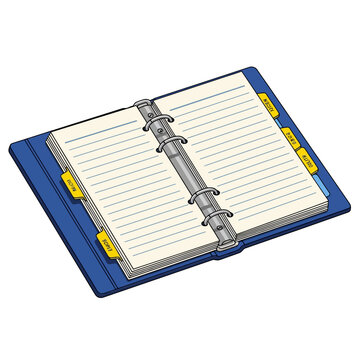 An illustrated vector graphic of a classic blue three-ring binder, shown open to reveal lined white paper pages with yellow index tabs protruding from the sides.