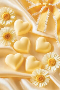 Soft hearts rest on satin, bathed in golden light