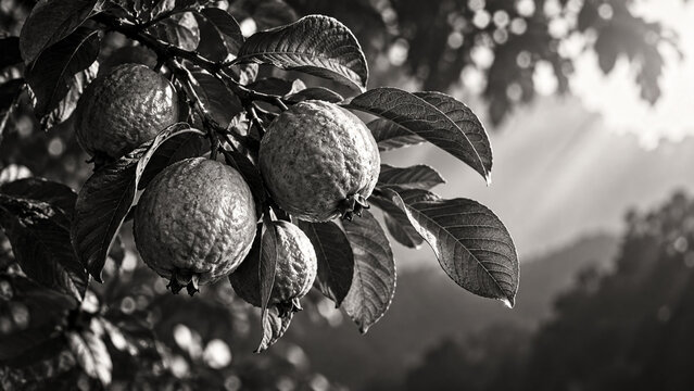 Fresh guavas hanging on tree branch with leaves in black and white.