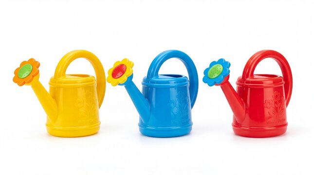 Vibrant colorful plastic toy watering cans standing neatly aligned together on white background