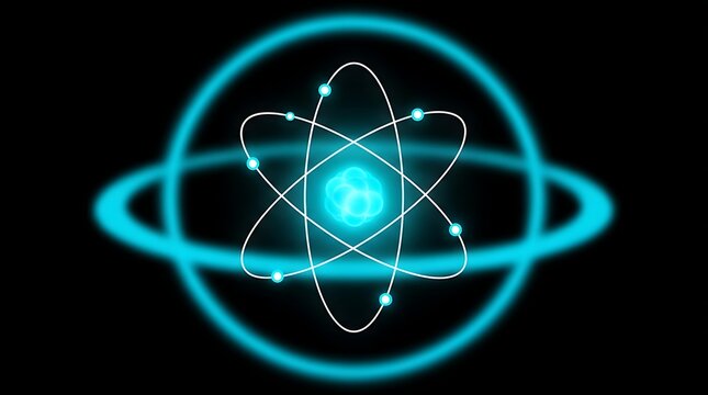 Glowing cyan atom model with orbiting electrons and light rings, isolated on a solid black background, scientific physics concept