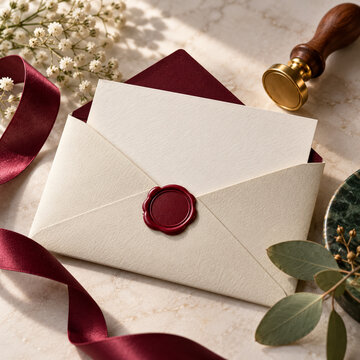 Elegant cream wedding invitation envelope sealed with burgundy wax stamp on marble background.