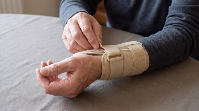 Orthopedic wrist brace for carpal tunnel support, person wearing elastic medical wrist splint, joint pain relief and injury recovery concept