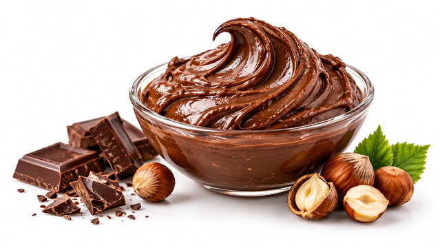 Chocolate hazelnut spread swirl in glass bowl with chocolate pieces and whole nuts isolated on white background.