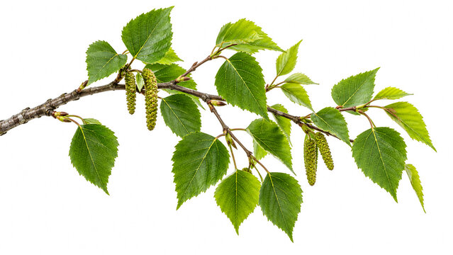 Green birch tree branch with young leaves and catkins isolated on white background.