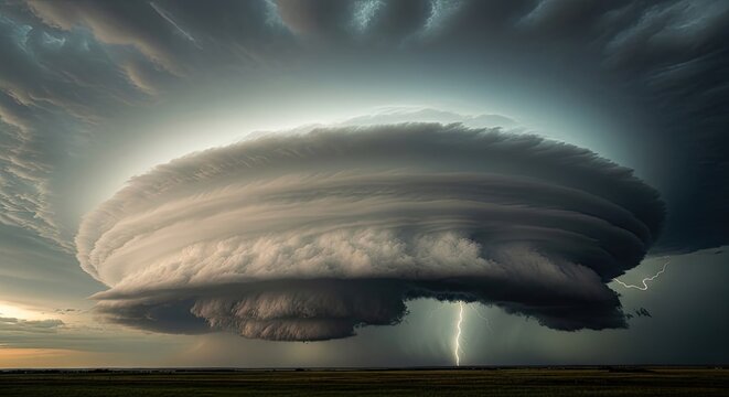 Rotating supercell cloud formation with central lightning bolt.