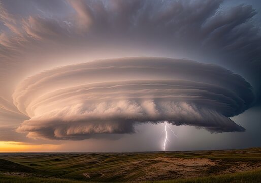 Rotating supercell cloud structure during sunset.