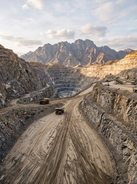 Open pit mine with haul trucks moving along terraced excavation roads beneath rugged mountains. Mining industry and mineral extraction. Heavy equipment, earthworks and resource production.