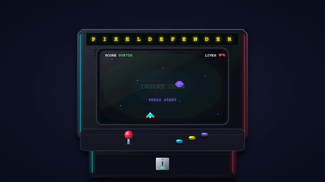 Premium cinematic 3D motion graphic of a classic retro arcade machine. The animation begins in an idle state, activates with a coin insert, boots into a pixel-art space defender game, showcases a high