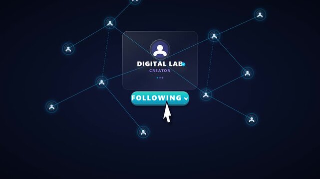 Premium 3D social media CTA animation featuring a 'FOLLOW' button click that triggers a glowing social network expansion. Demonstrates profile connection, network growth, and visual payoff in a seamle
