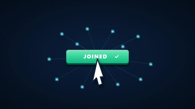 Premium 3D commercial motion graphic featuring a 'JOIN NOW' button click that triggers a digital community network. Demonstrates registration, membership, and network connection in a seamless 8-second