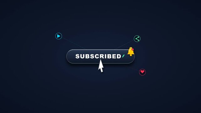 Premium 3D social media CTA animation featuring a glossy SUBSCRIBE button. The sequence includes a smooth cursor approach, physical button click, transformation to SUBSCRIBED with a checkmark, notific