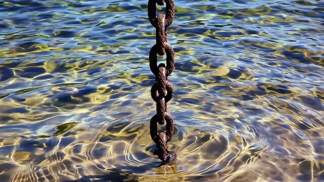Hanging vertically into clear rippling turquoise lake water reveals heavy rusty metal iron link chain submerged below sunlit transparent surface showing golden sand background river bottom
