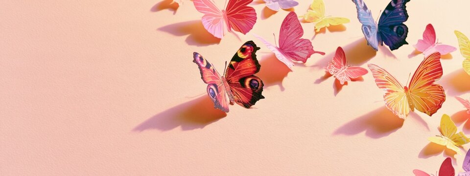 Soft pastel background with colorful butterflies in flight