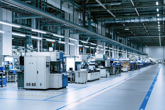 最先端技術の工場内部で稼働する自動化生産ラインの風景