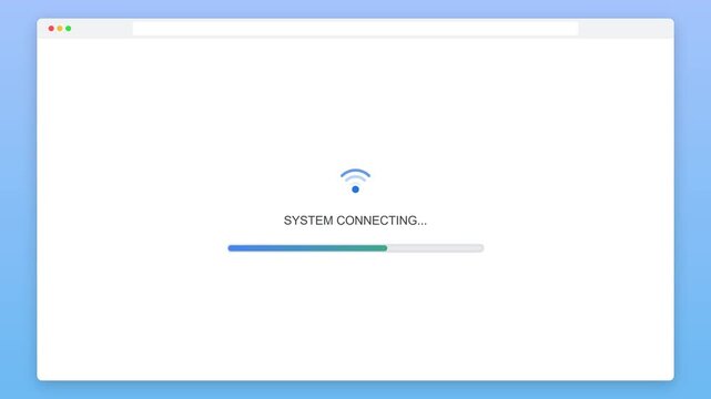 Connecting progress bar showing system connectivity status with a Wi-Fi symbol and loading animation, indicating network connection being established and data transfer in process