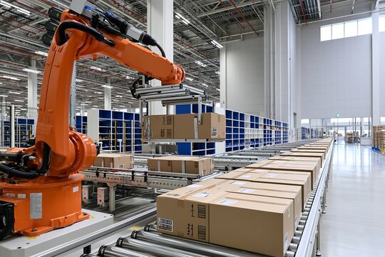 産業ロボットが荷物を自動搬送する倉庫内のスマートロジスティクス