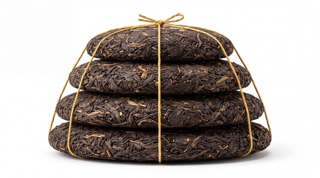 Stacked aged compressed pu erh tea cakes tied securely together on white background