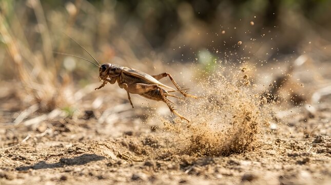 Wild cricket shows its incredible jumping power in the dirt