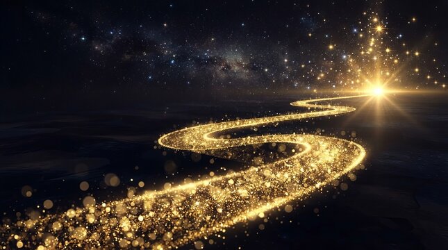 Enchanting Glittering Pathway Of Golden Particles Sparkling Under A Vast Starry Night Sky
