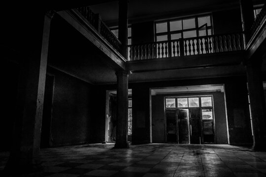 Dark Haunting atmosphere in Tskaltubo, Georgia with interior of an abandoned sanatorium, faded traces of former Stalinist grandeur.
