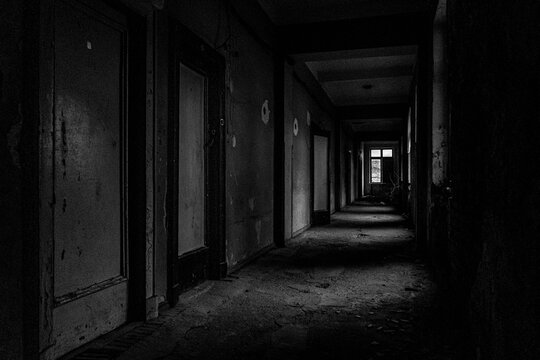 Dark Haunting atmosphere in Tskaltubo, Georgia with interior of an abandoned sanatorium, faded traces of former Stalinist grandeur.
