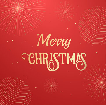 Modern Merry Christmas Square Greeting Card with Elegant Festive Typography, Abstract Golden Fireworks and Decorative Line Patterns on Red Background, Editable Vector Illustration