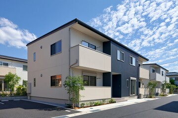 Fototapeta premium 青空と白い雲が映えるモダンな新築住宅の外観