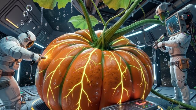 A giant pumpkin emits golden electrical discharges. Astronauts in white spacesuits examine it closely.